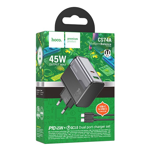 Cargador Carga Super Rapida Hoco Cs74a 45w mas Tipo C Usb Negro