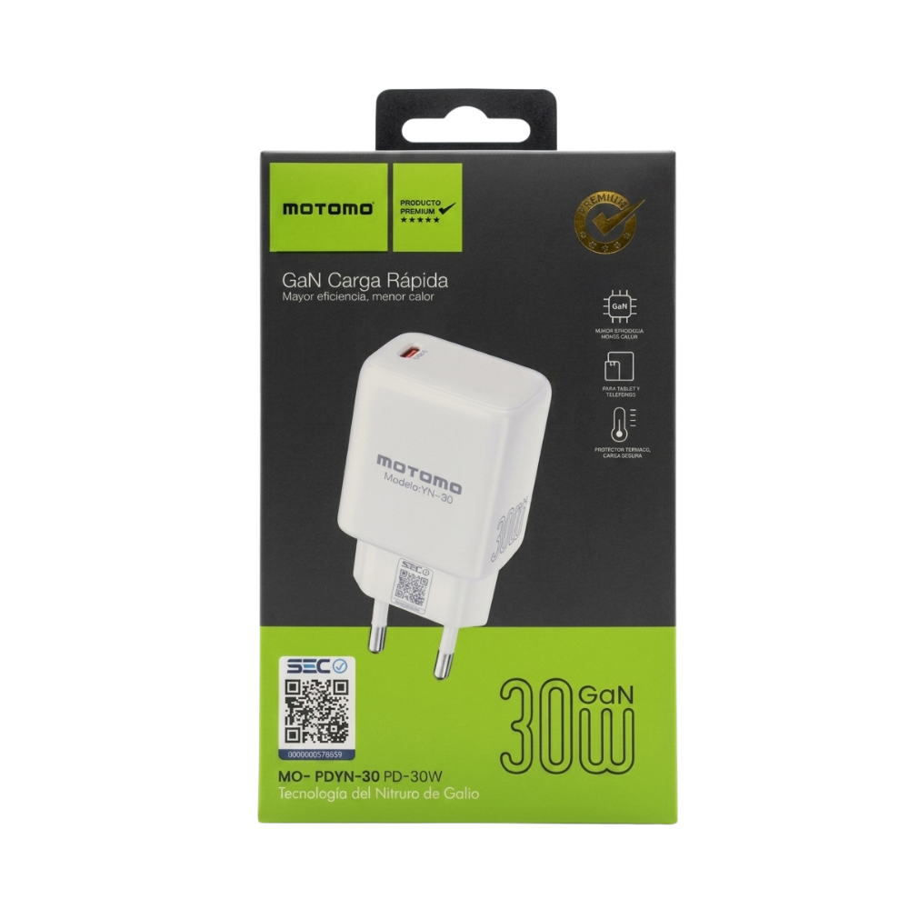 Cargador rápido MOTOMO MO-YN-30 GaN 30W USB-C (Certificación SEC)