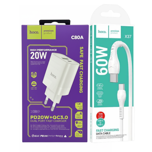 Cargador Rápido Dual HOCO C80A | 20W PD + QC 3.0