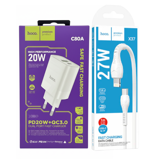Cargador Rápido Dual HOCO C80A | 20W PD + QC 3.0