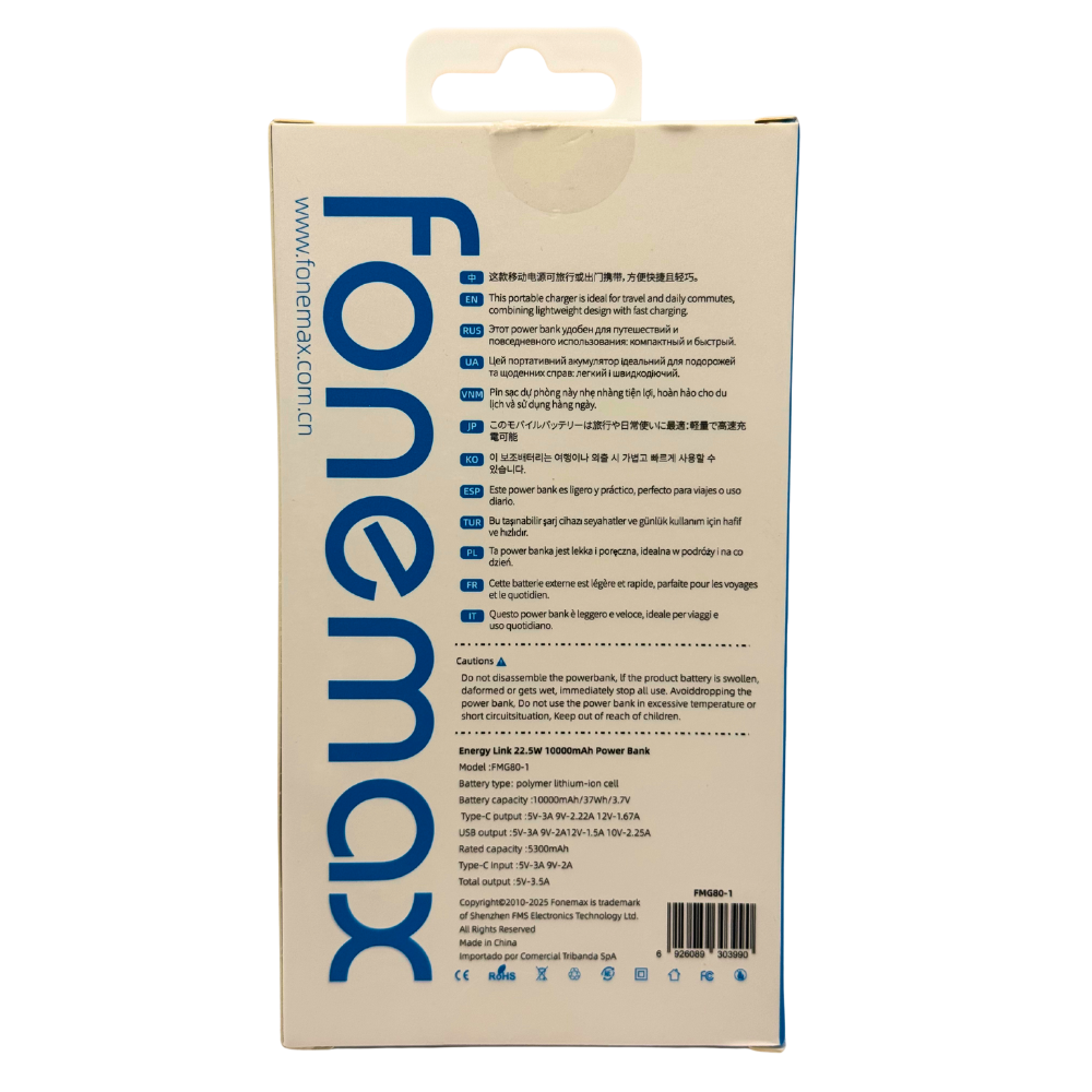 Bateria portátil de 10000mAh Fonemax Carga rápida 22.5W PD