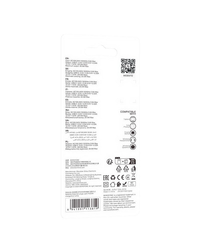 Cargador Rapido Tipo C 20W Borofone BAS43A