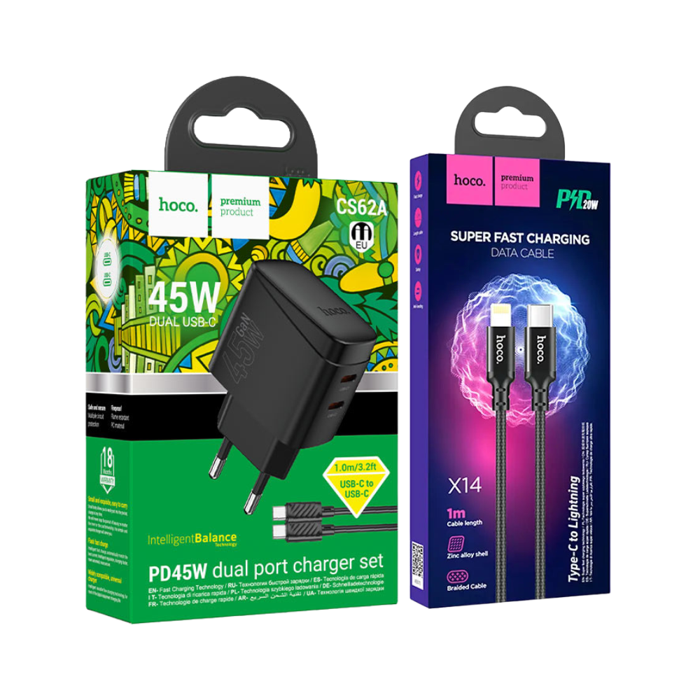 Cargador Rápido Dual USB-C HOCO CS62A | 45W Total