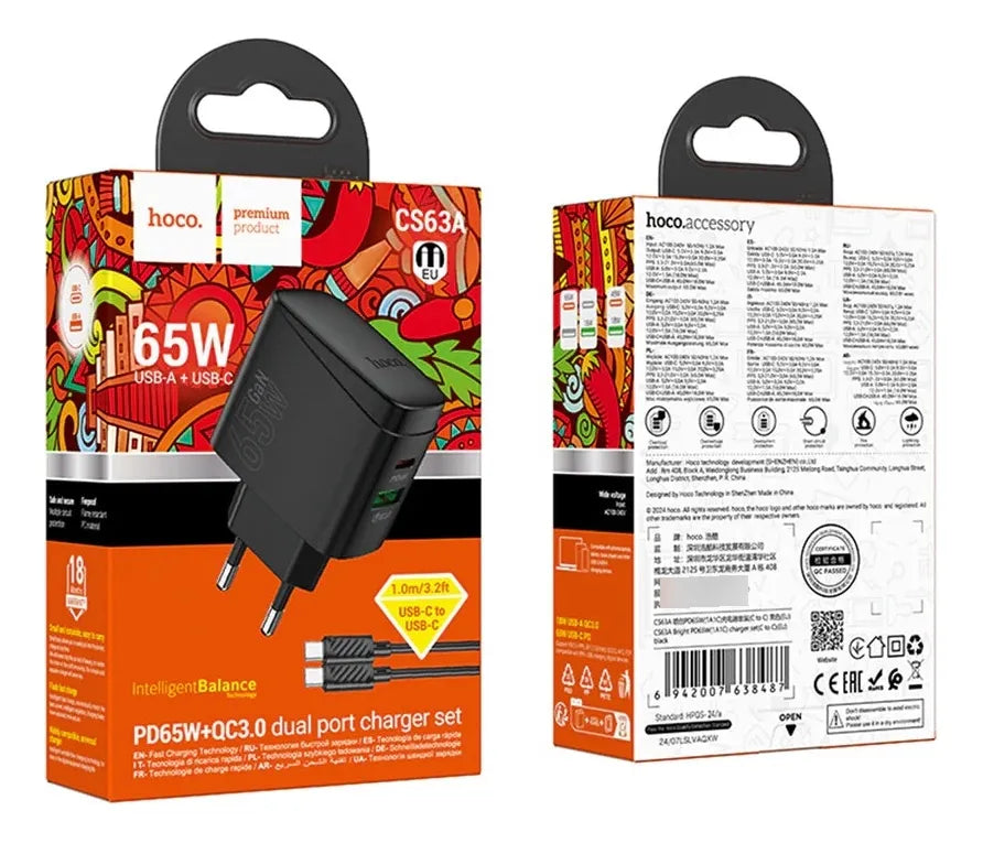 Cargador Carga Super Rapida Hoco Cs63a 65w mas Cable Tipo C