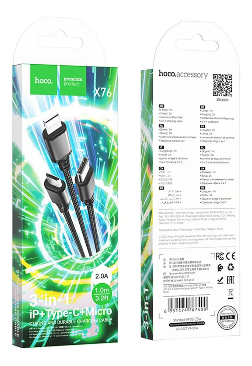 Cable Usb 3 En 1 Hoco X76 Tipo C Micro Usb Lightning 1 metro