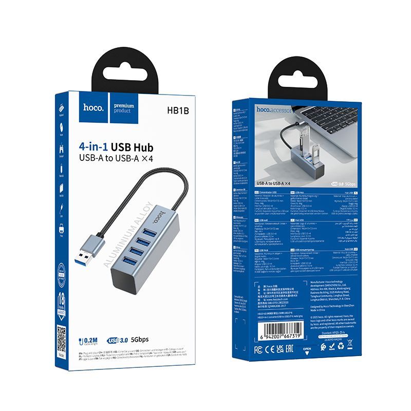 Adaptador Hub Hoco Hb1b Usb 4 en 1 Usb 3.0 Gris