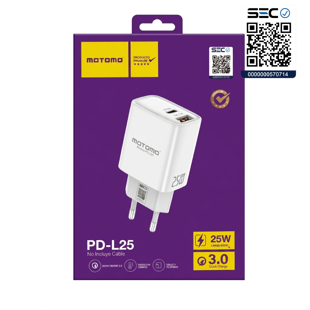 Cargador rápido MOTOMO PD-L25 GaN 25W USB-C + USB-A (Certificación SEC)