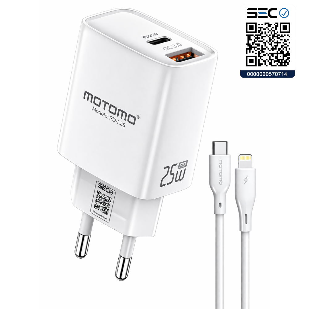 Cargador Lightning Rápido GaN Motomo PD-L25 25W, Certificación SEC