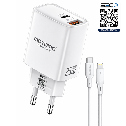 Cargador Lightning Rápido GaN Motomo PD-L25 25W, Certificación SEC