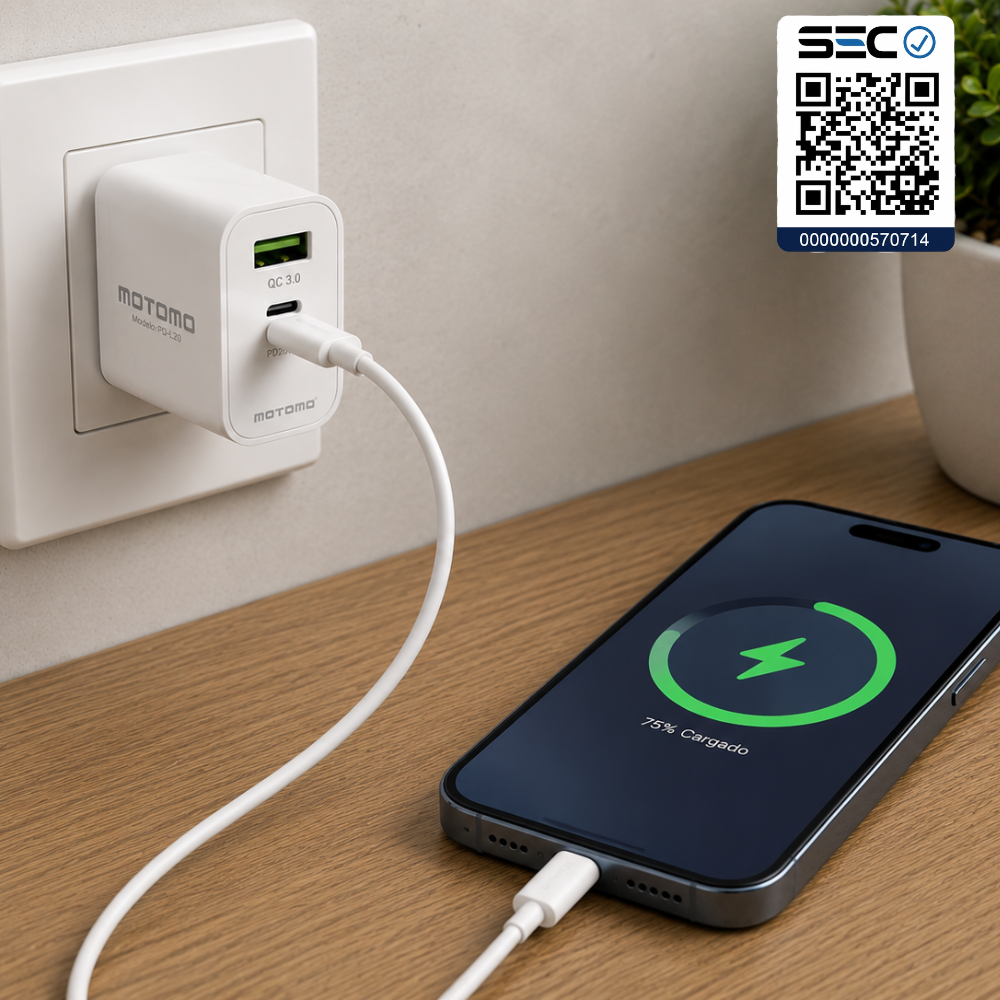 Cargador Lightning Rápido GaN Motomo PD-L25 25W, Certificación SEC