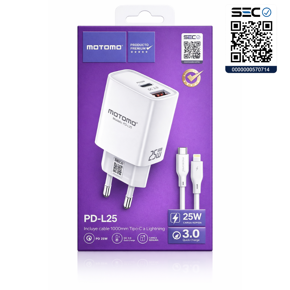 Cargador Lightning Rápido GaN Motomo PD-L25 25W, Certificación SEC