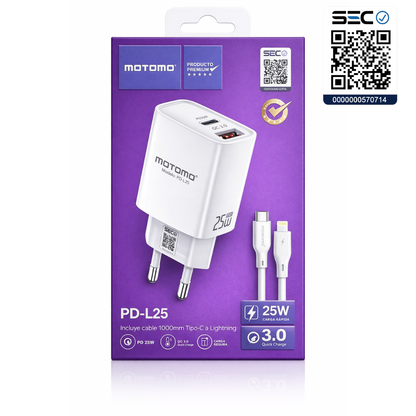 Cargador Lightning Rápido GaN Motomo PD-L25 25W, Certificación SEC
