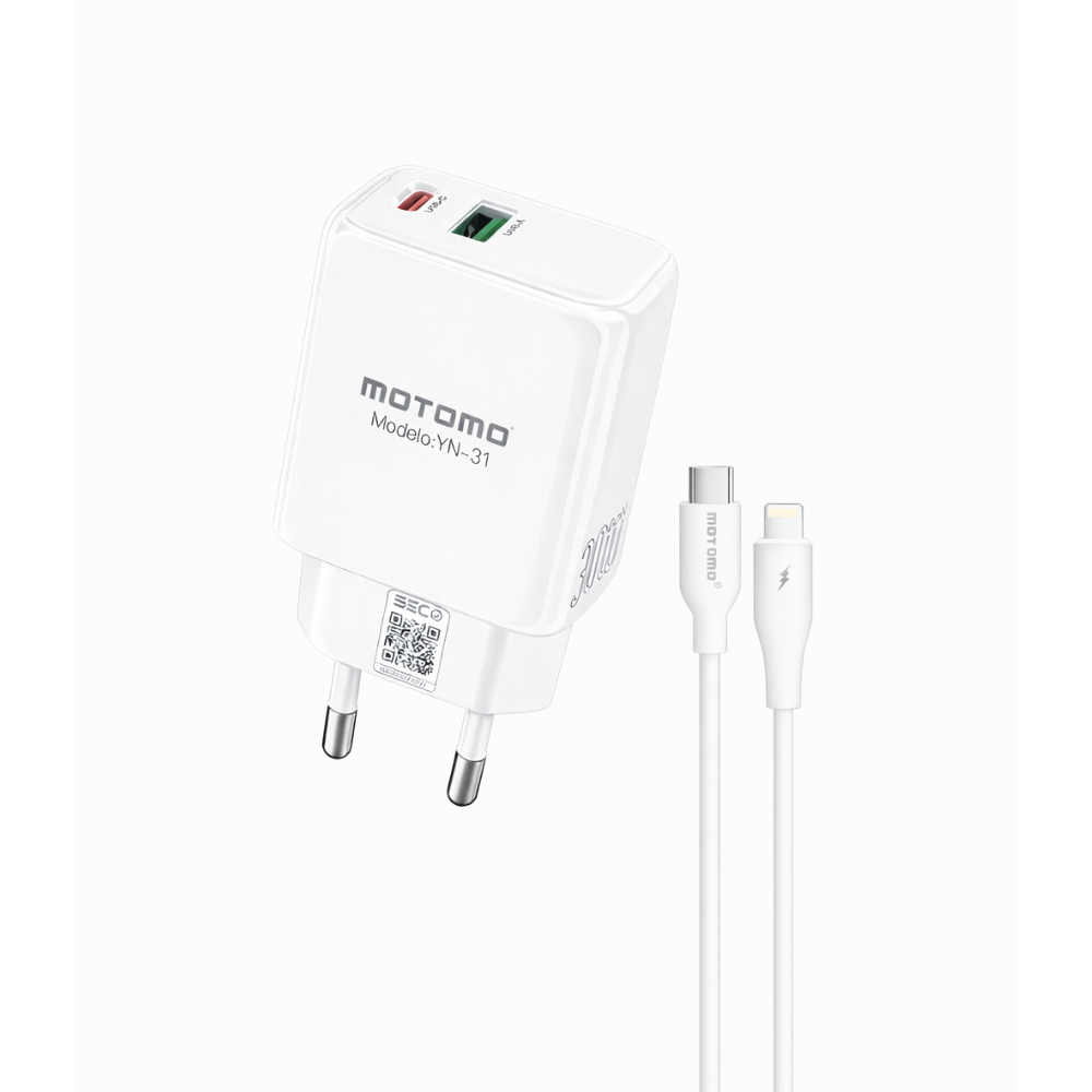 Cargador Rápido GaN 30W MOTOMO PD + QC3.0 con Cable Tipo C a Lightning  (Certificación SEC)