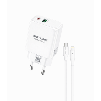 Cargador Rápido GaN 30W MOTOMO PD + QC3.0 con Cable Tipo C a Lightning  (Certificación SEC)
