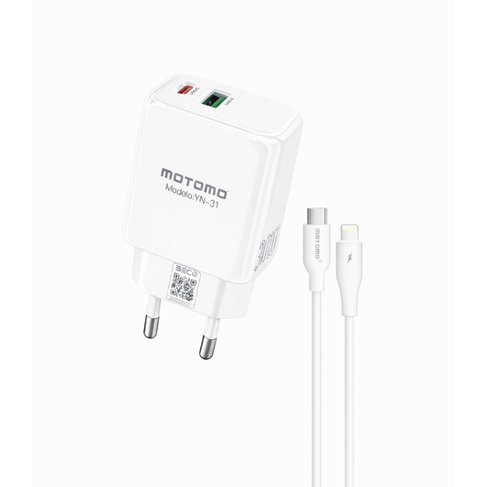 Cargador Rápido GaN 30W MOTOMO PD + QC3.0 con Cable Tipo C a Lightning  (Certificación SEC)