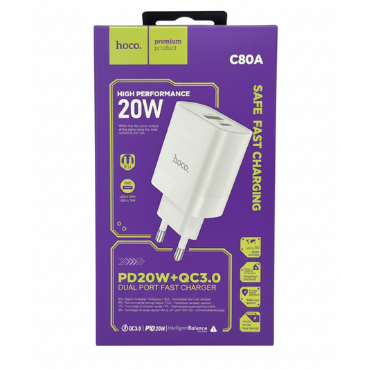 Cargador Rápido Dual HOCO C80A | 20W PD + QC 3.0