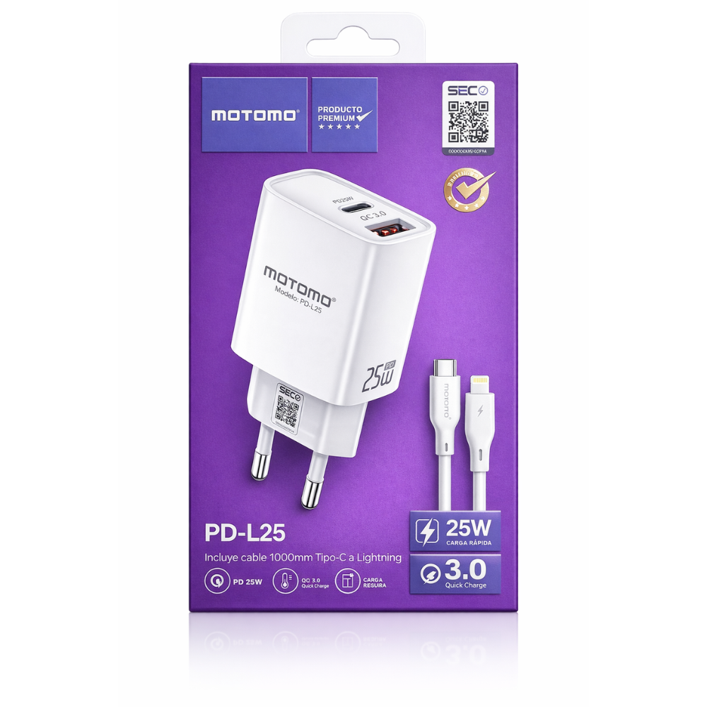 Cargador Lightning Rápido GaN Motomo PD-L25 25W, Certificación SEC