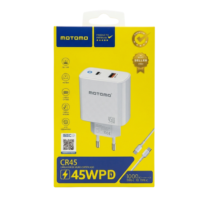 Cargador Rápido MOTOMO 45W PD con Cable Tipo C a Tipo C (Certificación SEC)