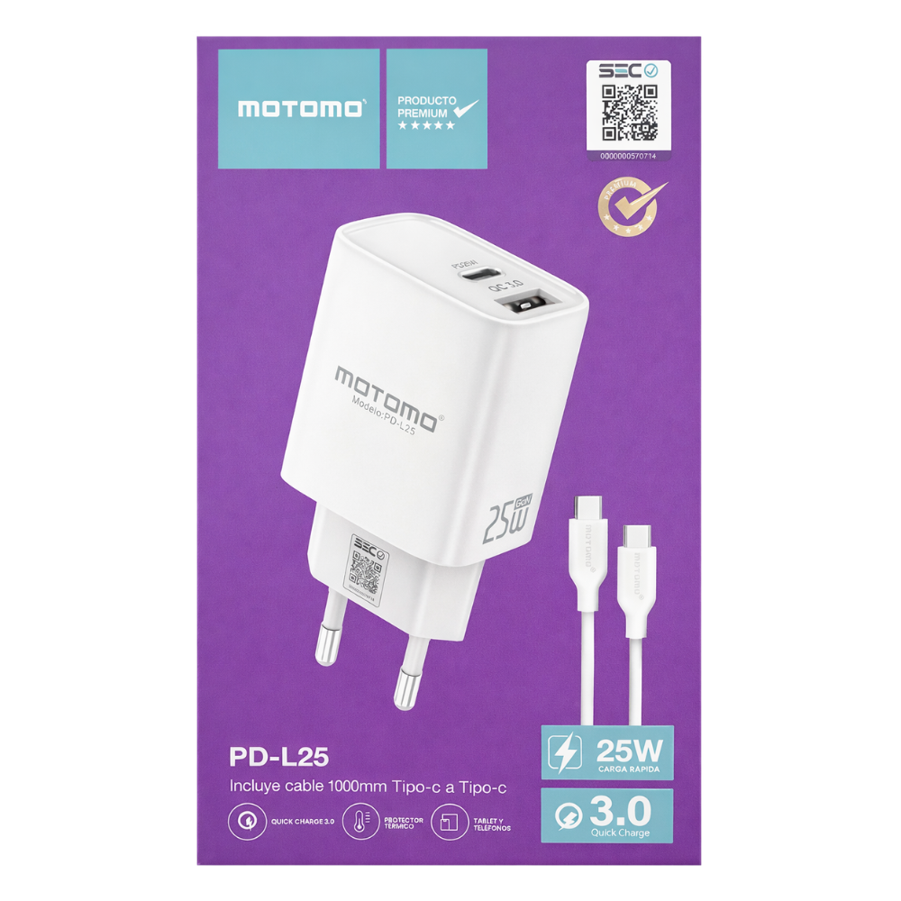 Cargador Rápido Tipo C GaN Motomo PD-L25 25W, Certificación SEC