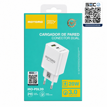 Cargador Rápido 20W USB y tipo C Certificación SEC Motomo PD-L20