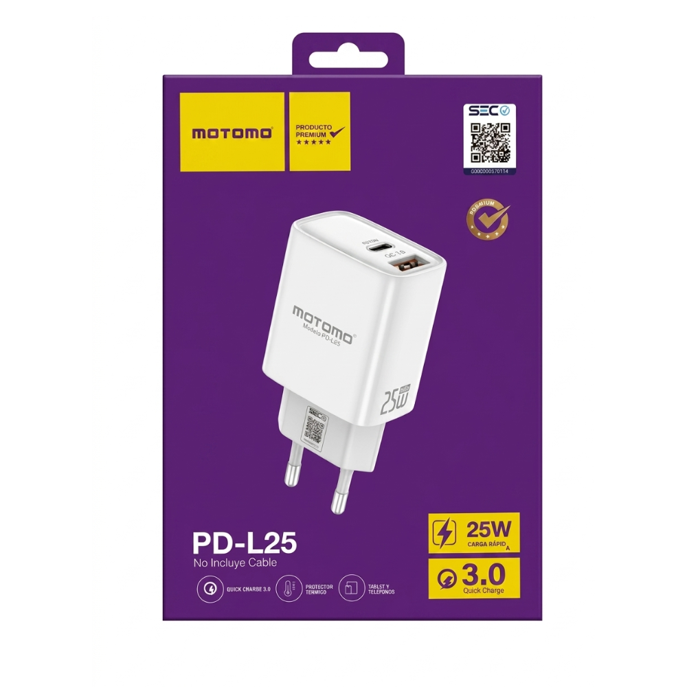 Cargador rápido MOTOMO PD-L25 GaN 25W USB-C + USB-A (Certificación SEC)