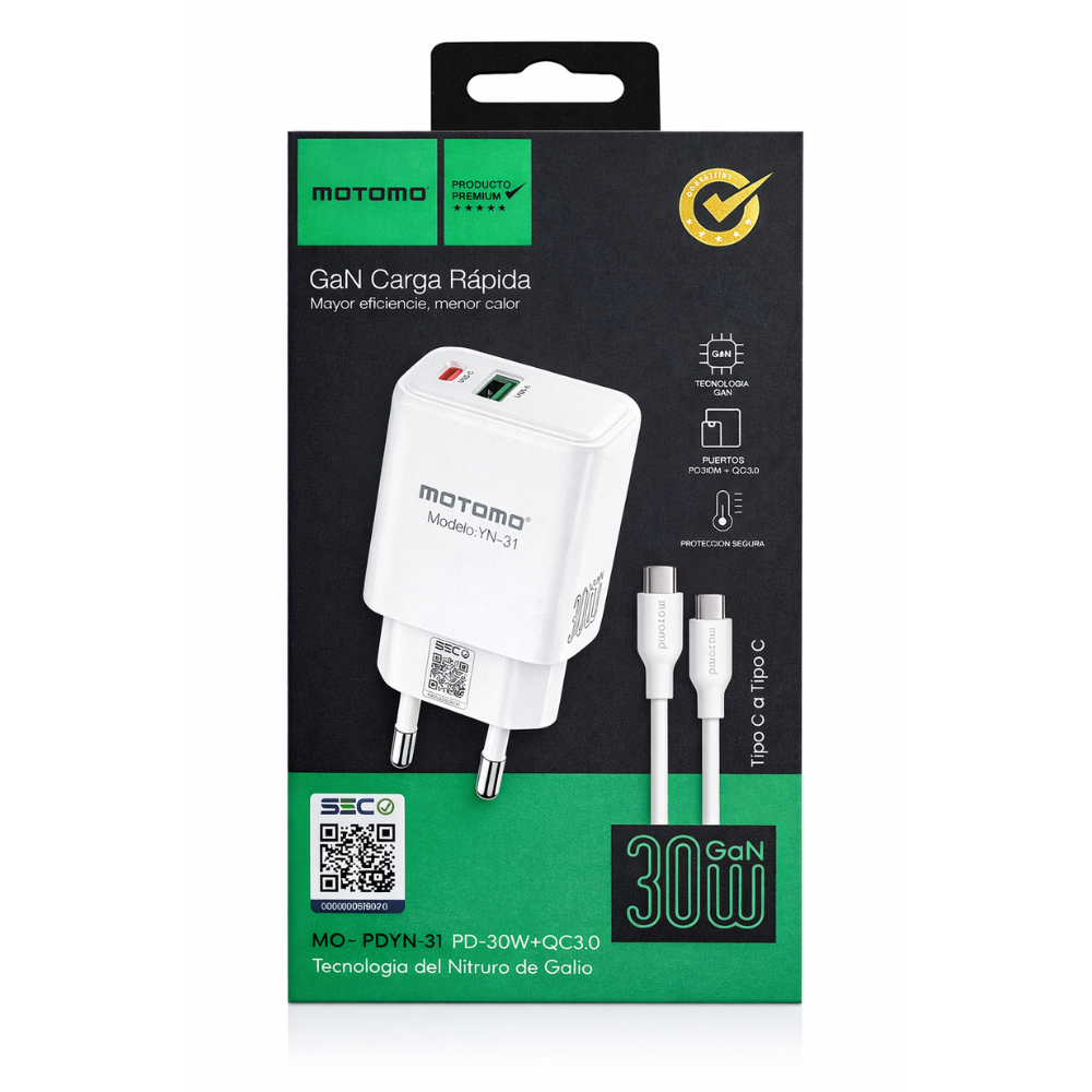 Cargador Rápido GaN 30W MOTOMO PD + QC3.0 con Cable Tipo C a Tipo C (Certificación SEC)
