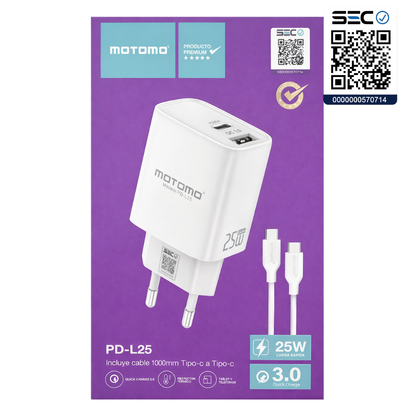 Cargador Rápido Tipo C GaN Motomo PD-L25 25W, Certificación SEC