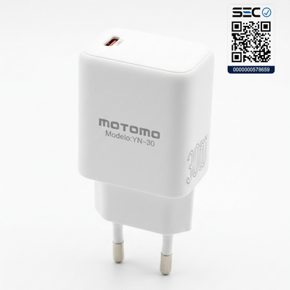 Cargador rápido MOTOMO MO-YN-30 GaN 30W USB-C (Certificación SEC)