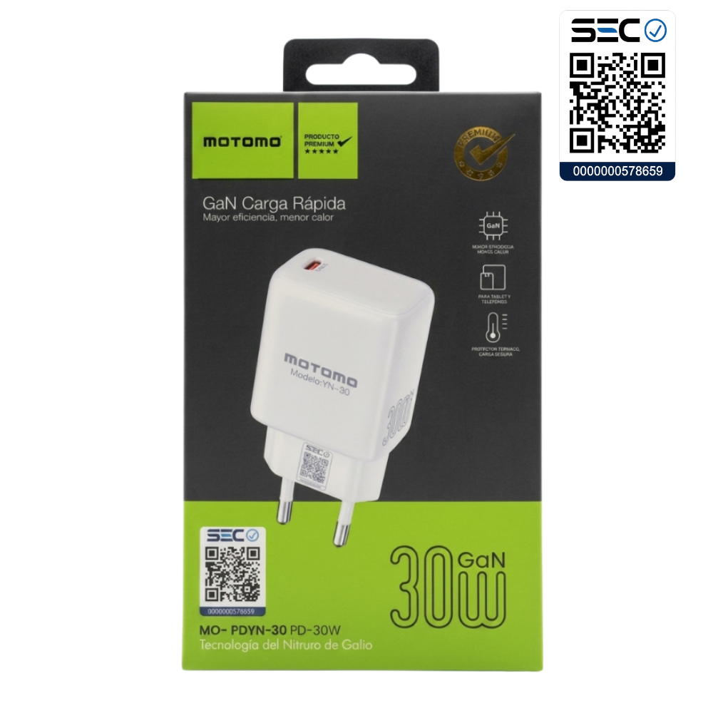 Cargador rápido MOTOMO MO-YN-30 GaN 30W USB-C (Certificación SEC)