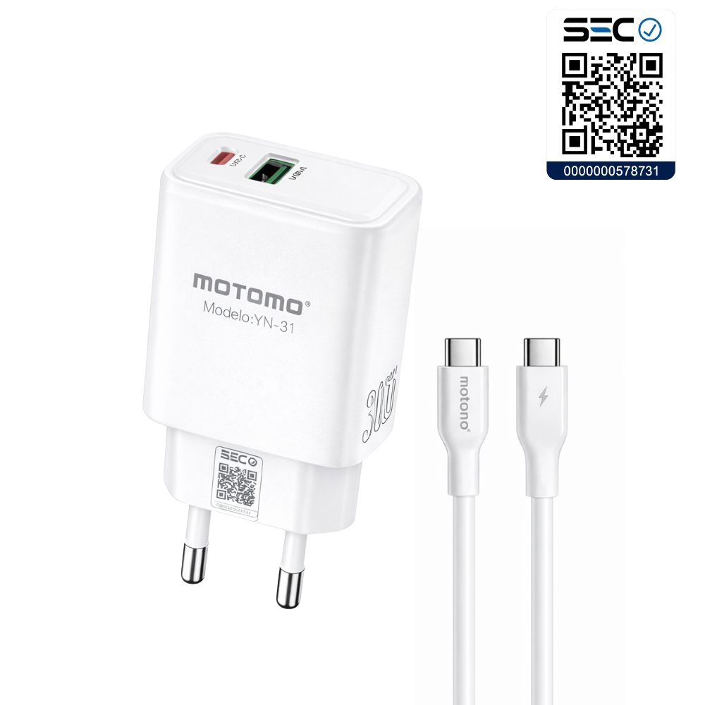 Cargador Rápido GaN 30W MOTOMO PD + QC3.0 con Cable Tipo C a Tipo C (Certificación SEC)