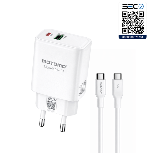 Cargador Rápido GaN 30W MOTOMO PD + QC3.0 con Cable Tipo C a Tipo C (Certificación SEC)