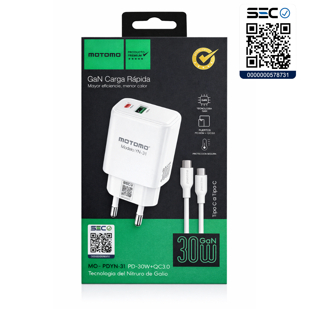 Cargador Rápido GaN 30W MOTOMO PD + QC3.0 con Cable Tipo C a Tipo C (Certificación SEC)