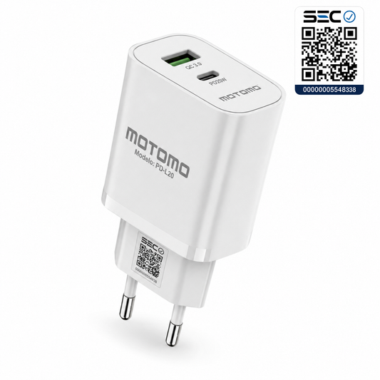 Cargador Rápido 20W USB y tipo C Certificación SEC Motomo PD-L20