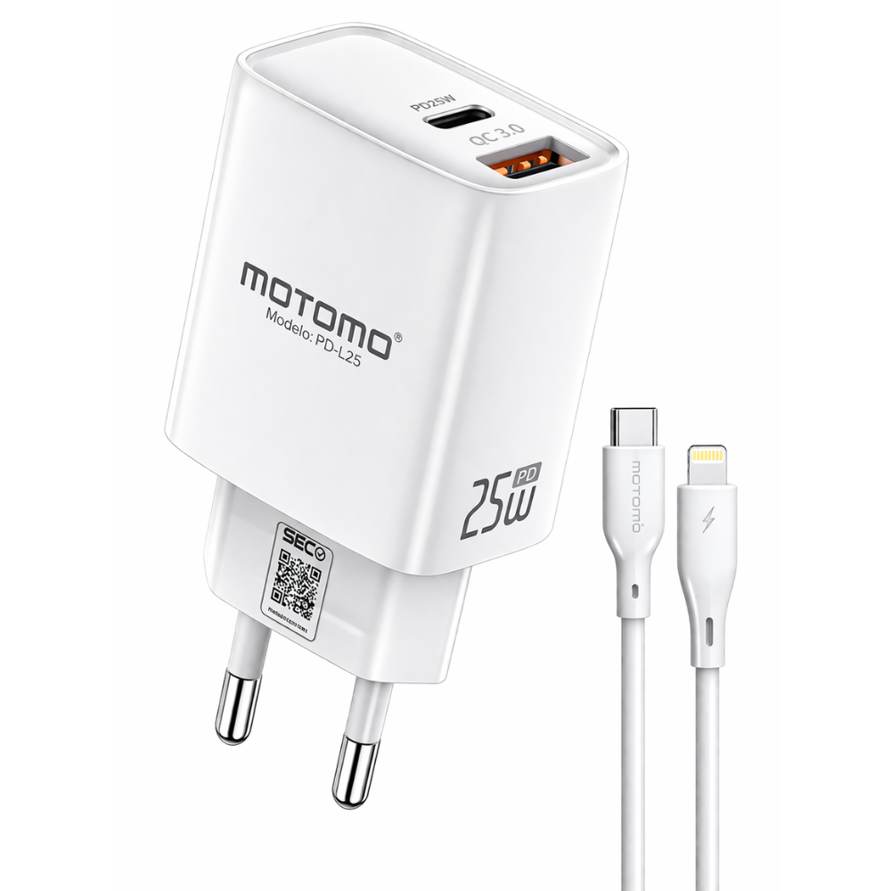 Cargador Lightning Rápido GaN Motomo PD-L25 25W, Certificación SEC