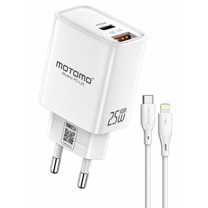 Cargador Lightning Rápido GaN Motomo PD-L25 25W, Certificación SEC