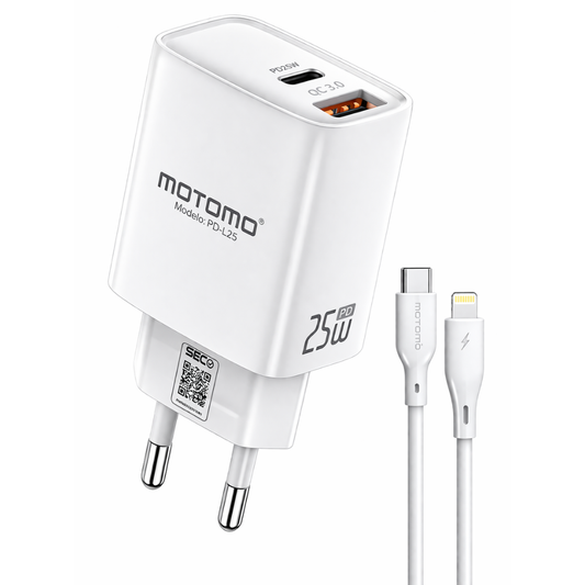 Cargador Lightning Rápido GaN Motomo PD-L25 25W, Certificación SEC