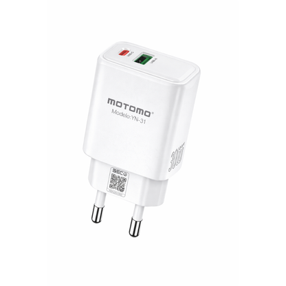 Cargador Rápido GaN 30W MOTOMO PD + QC3.0 con Cable Tipo C a Tipo C (Certificación SEC)