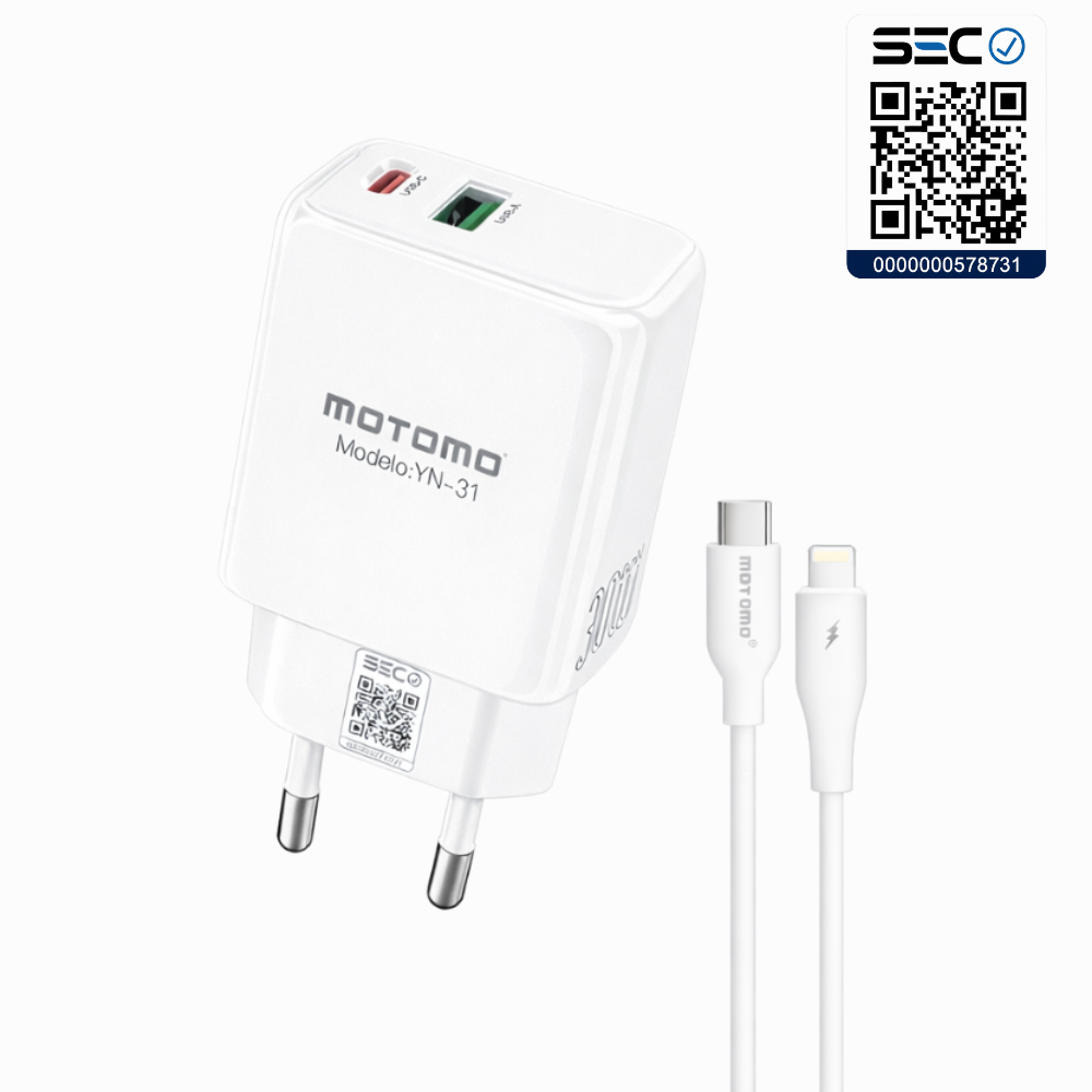 Cargador Rápido GaN 30W MOTOMO PD + QC3.0 con Cable Tipo C a Lightning  (Certificación SEC)