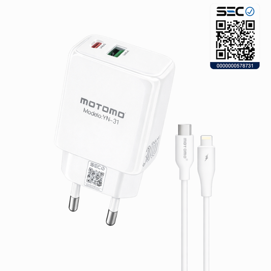 Cargador Rápido GaN 30W MOTOMO PD + QC3.0 con Cable Tipo C a Lightning  (Certificación SEC)