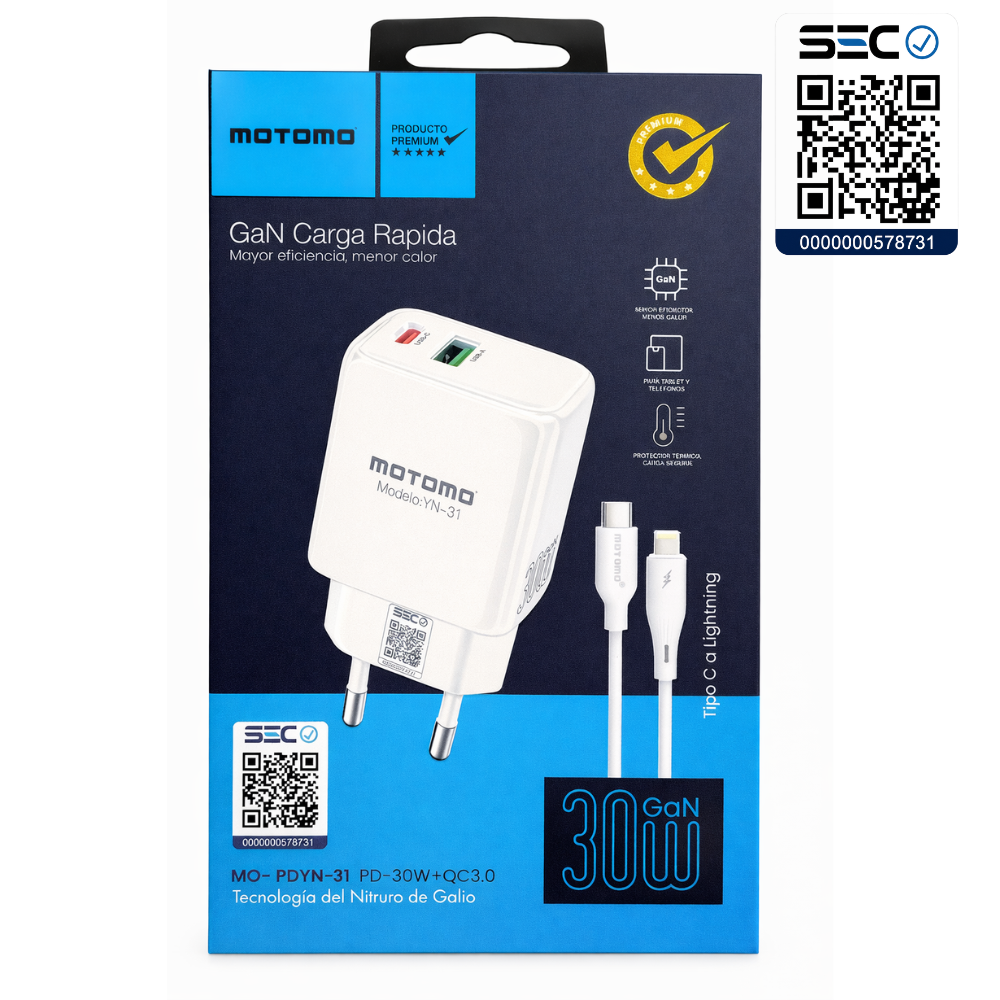 Cargador Rápido GaN 30W MOTOMO PD + QC3.0 con Cable Tipo C a Lightning  (Certificación SEC)