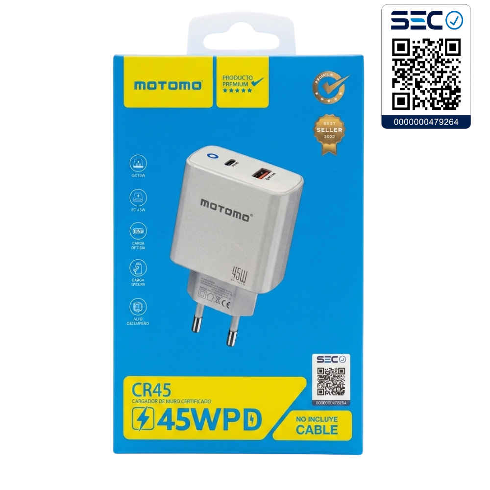 Cargador rápido MOTOMO CR45 45W PD + QC (Certificación SEC)