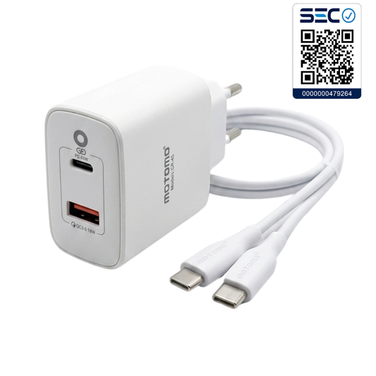 Cargador Rápido MOTOMO 45W PD con Cable Tipo C a Tipo C (Certificación SEC)