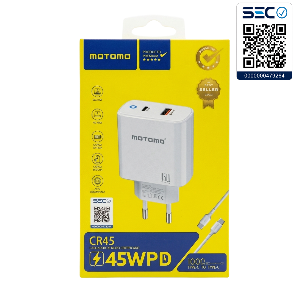 Cargador Rápido MOTOMO 45W PD con Cable Tipo C a Tipo C (Certificación SEC)