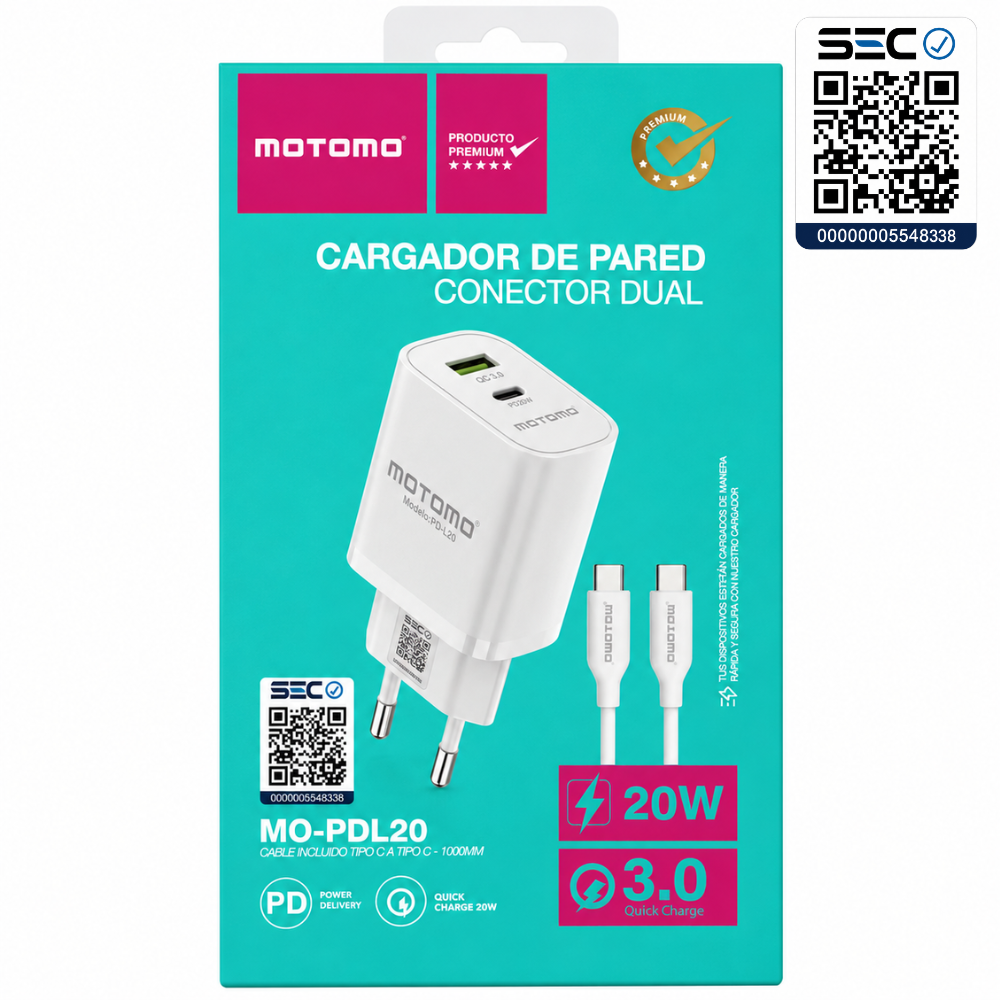 Cargador Rápido 20W con Cable tipo C a tipo C Certificación SEC Motomo PD-L20