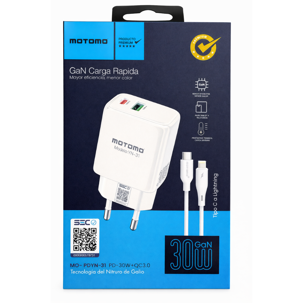 Cargador Rápido GaN 30W MOTOMO PD + QC3.0 con Cable Tipo C a Lightning  (Certificación SEC)