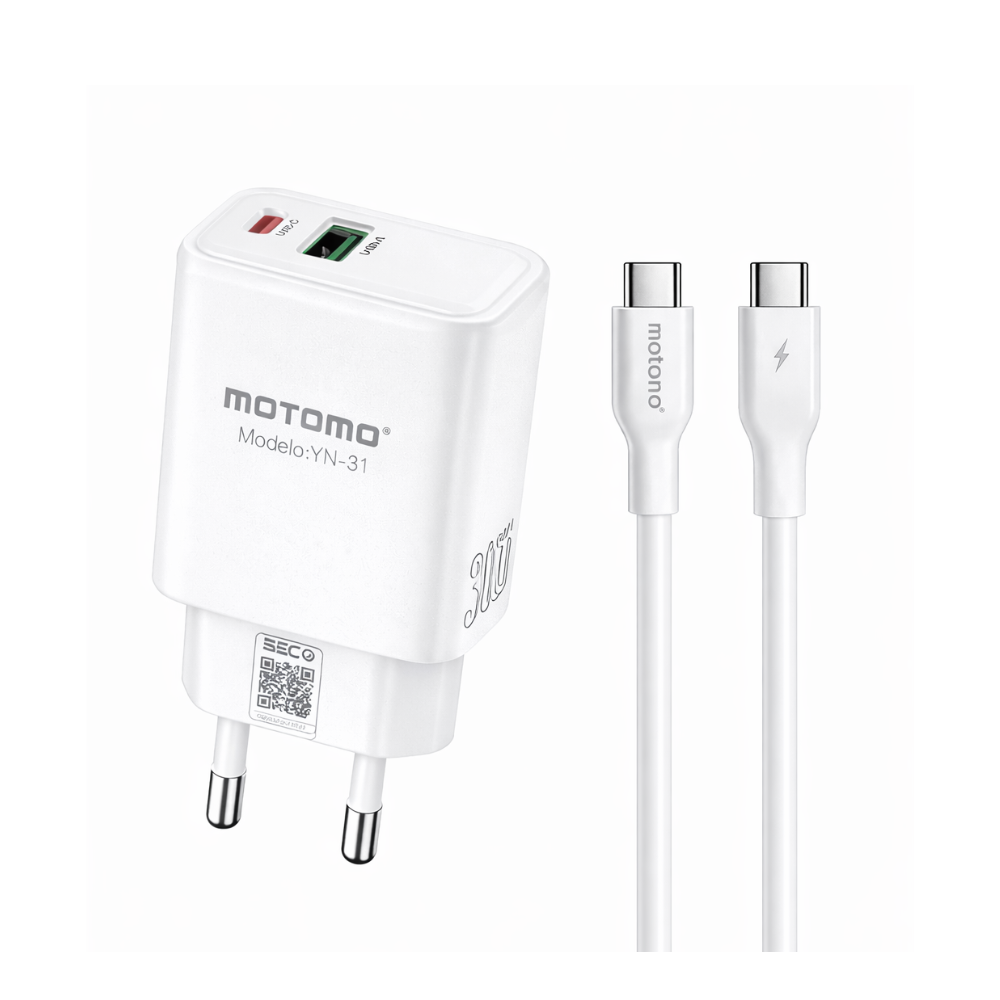 Cargador Rápido GaN 30W MOTOMO PD + QC3.0 con Cable Tipo C a Tipo C (Certificación SEC)