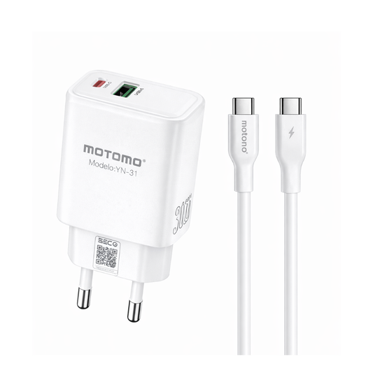 Cargador Rápido GaN 30W MOTOMO PD + QC3.0 con Cable Tipo C a Tipo C (Certificación SEC)