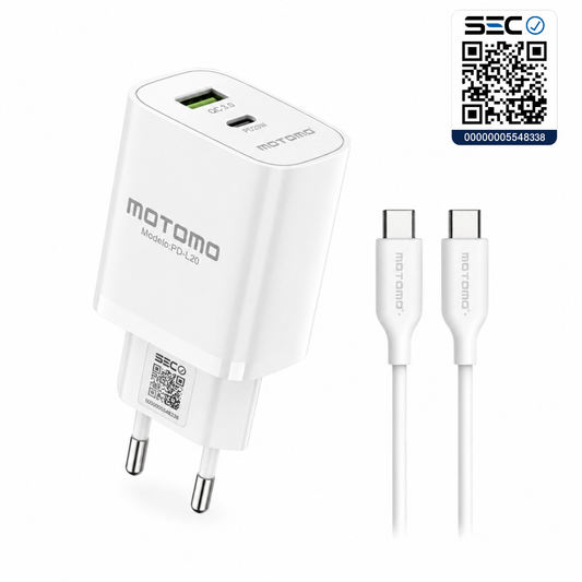 Cargador Rápido 20W con Cable tipo C a tipo C Certificación SEC Motomo PD-L20