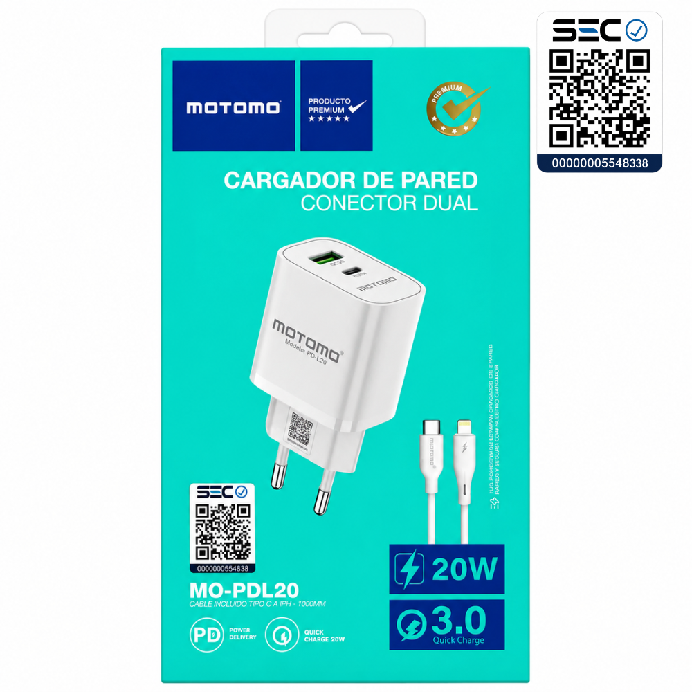 Cargador Rápido 20W con Cable Lightning Certificación SEC Motomo PD-L20