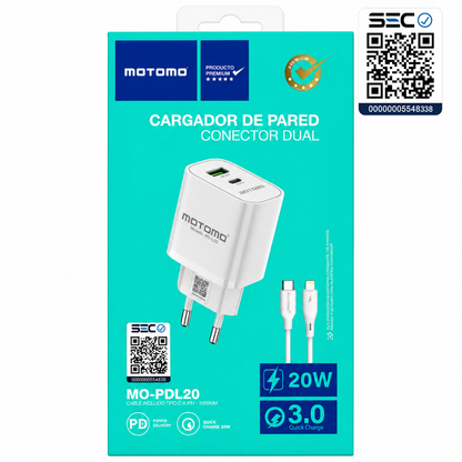 Cargador Rápido 20W con Cable Lightning Certificación SEC Motomo PD-L20